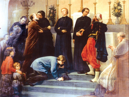 파리외방전교회 파견장면그림(샤를르 쿠베르탱이 그림 도리,위앵,브르트니에르(왼쪽부터) 신부의 선교사 파견 장면).jpg